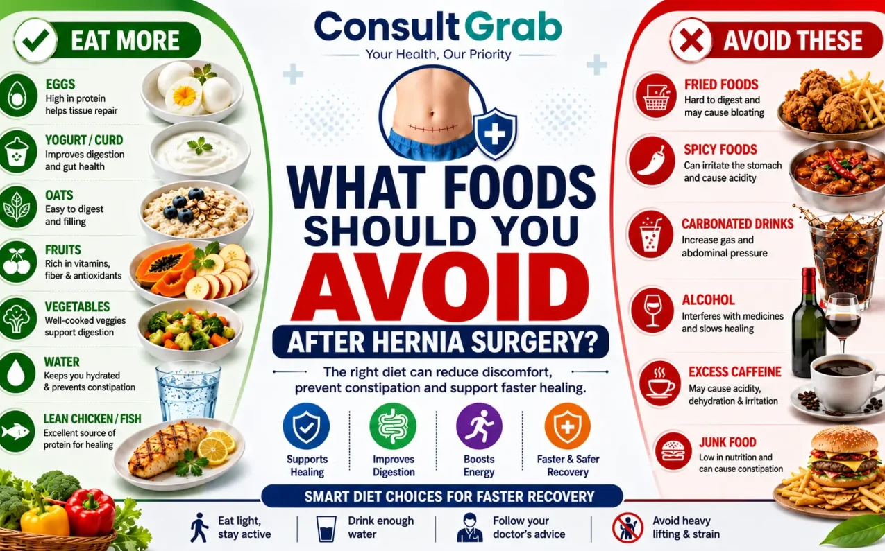 Healthy and unhealthy foods after hernia surgery showing recovery diet recommendations and foods to avoid for better healing.