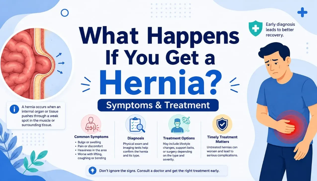 What happens if you get a hernia? Medical illustration showing hernia symptoms, abdominal pain, diagnosis, and treatment options for hernia patients.