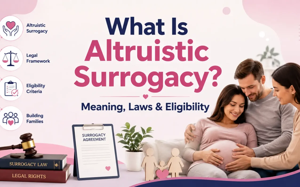 What Is Altruistic Surrogacy? Meaning, Laws & Eligibility - illustration showing intended parents, surrogate mother, surrogacy agreement, legal framework, eligibility criteria, and family-building through altruistic surrogacy in India.