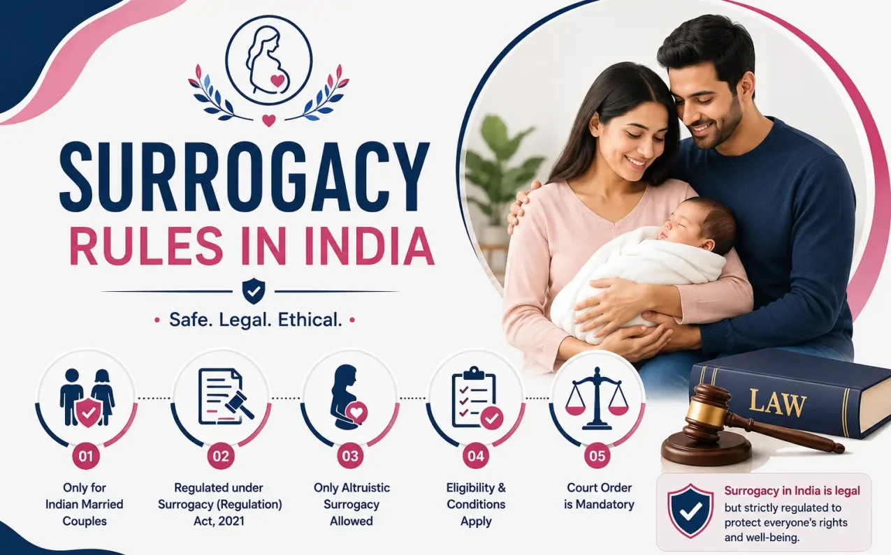 What Is the Age Limit for Surrogacy? India Rules 2026 Guide! Illustration showing intended parents, surrogate mother eligibility criteria, age requirements, legal approvals, and surrogacy regulations in India.