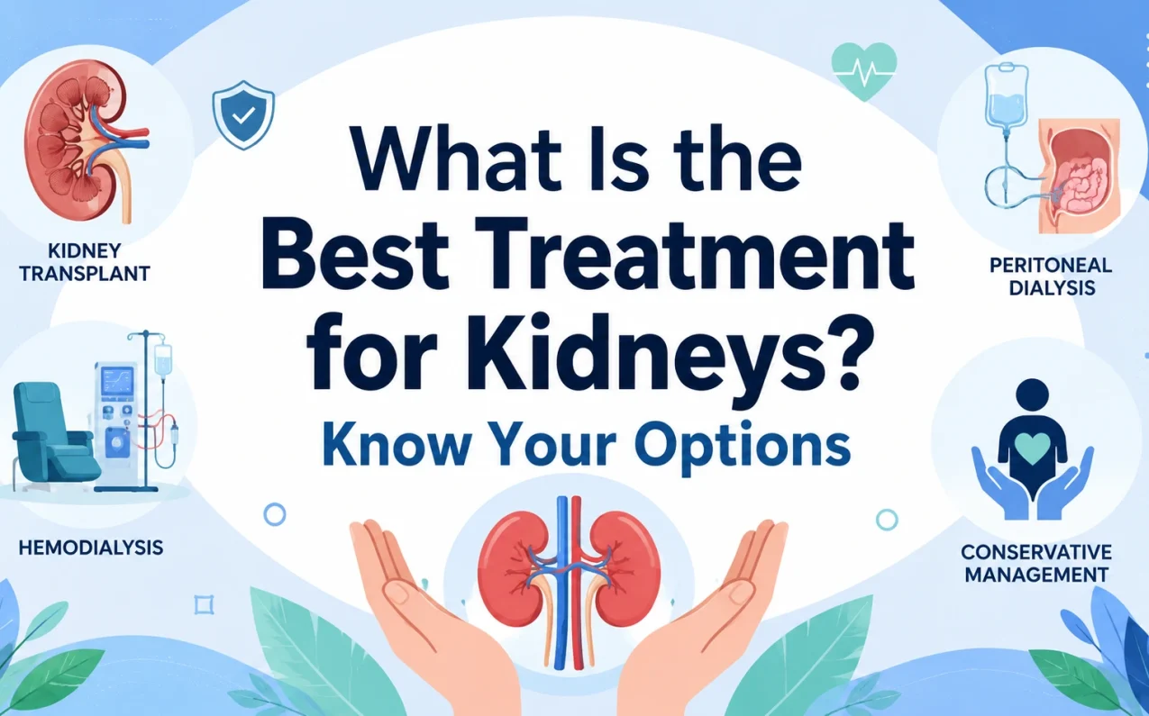 What Is the Best Treatment for Kidneys? Know Your Options – illustration showing kidney transplant, hemodialysis, peritoneal dialysis, and conservative management treatment options for kidney failure.