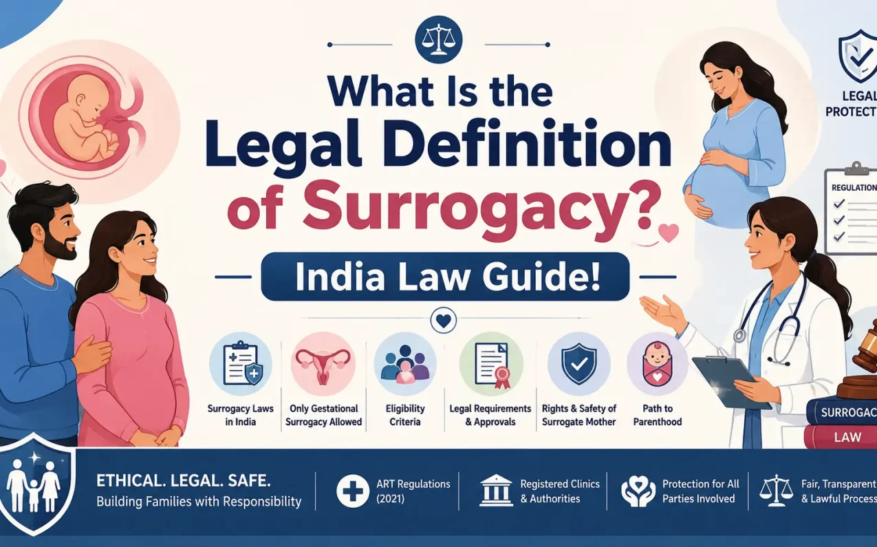 What Is the Legal Definition of Surrogacy? India Law Guide! Illustration showing intended parents, surrogate mother, fertility treatment, ART procedures, legal documentation, and surrogacy regulations in India.