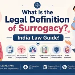 What Is the Legal Definition of Surrogacy? India Law Guide! Illustration showing intended parents, surrogate mother, fertility treatment, ART procedures, legal documentation, and surrogacy regulations in India.