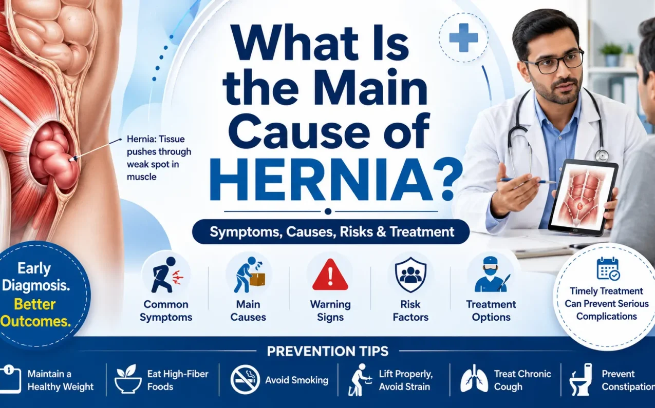 Illustration showing the main causes of hernia, abdominal muscle weakness, symptoms, risk factors, and treatment options.