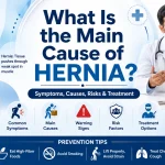Illustration showing the main causes of hernia, abdominal muscle weakness, symptoms, risk factors, and treatment options.