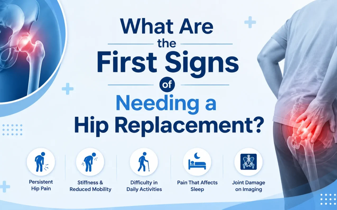 Illustration showing persistent hip pain stiffness reduced mobility and daily activity difficulty as early signs of needing a hip replacement surgery.