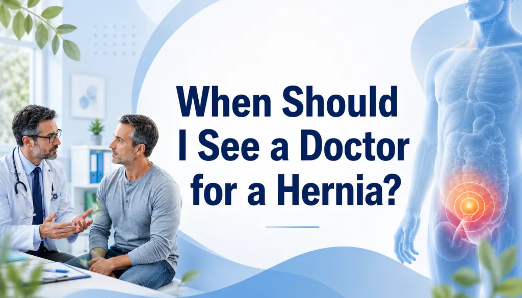 a patient about hernia symptoms in a medical clinic, with an anatomical illustration highlighting the abdominal and groin area commonly affected by hernias.