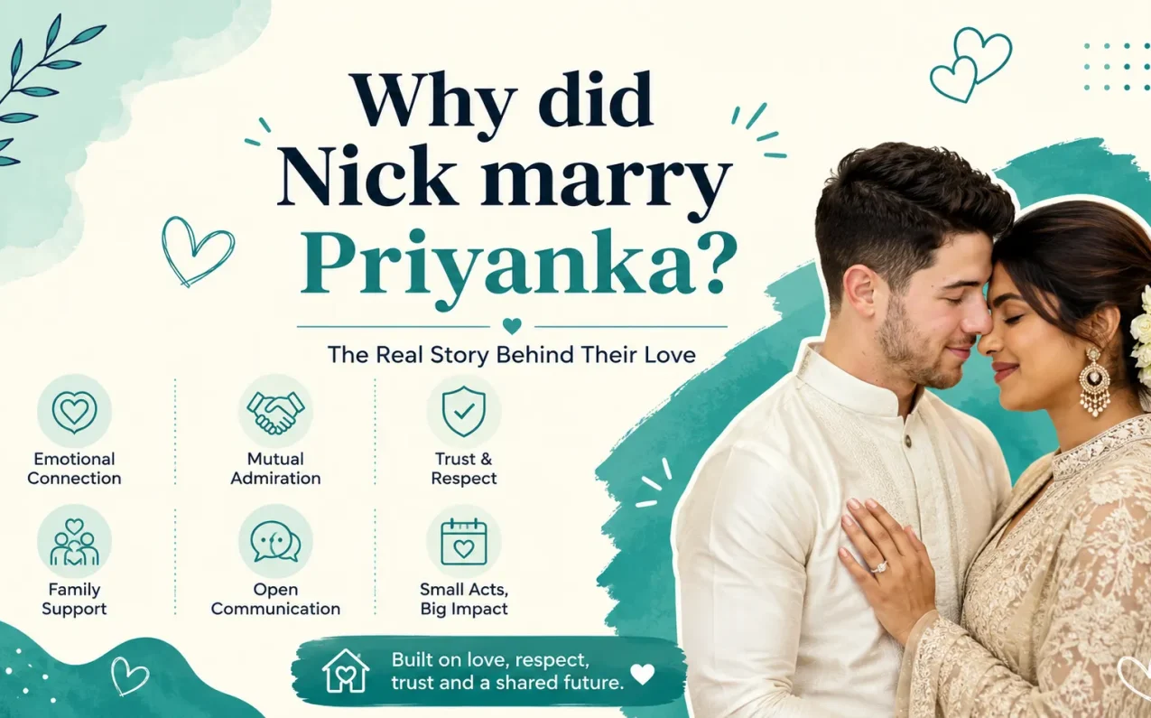 Why did Nick marry Priyanka? The Real Story Behind Their Love – illustration representing a celebrity couple's emotional connection, shared values, family support, cultural harmony, and lasting relationship.