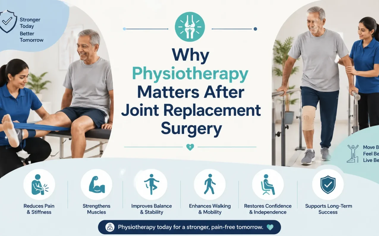 Patient performing physiotherapy exercises after joint replacement surgery under professional guidance to improve mobility, muscle strength, balance, and recovery outcomes.