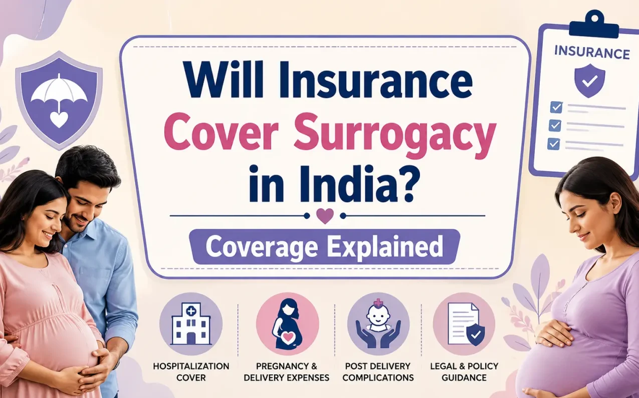 Will Insurance Cover Surrogacy in India? Coverage Explained with intended parents and surrogate mother illustrating insurance coverage, pregnancy care, hospitalization expenses, delivery complications, and legal requirements for surrogacy in India.