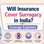 Will Insurance Cover Surrogacy in India? Coverage Explained with intended parents and surrogate mother illustrating insurance coverage, pregnancy care, hospitalization expenses, delivery complications, and legal requirements for surrogacy in India.