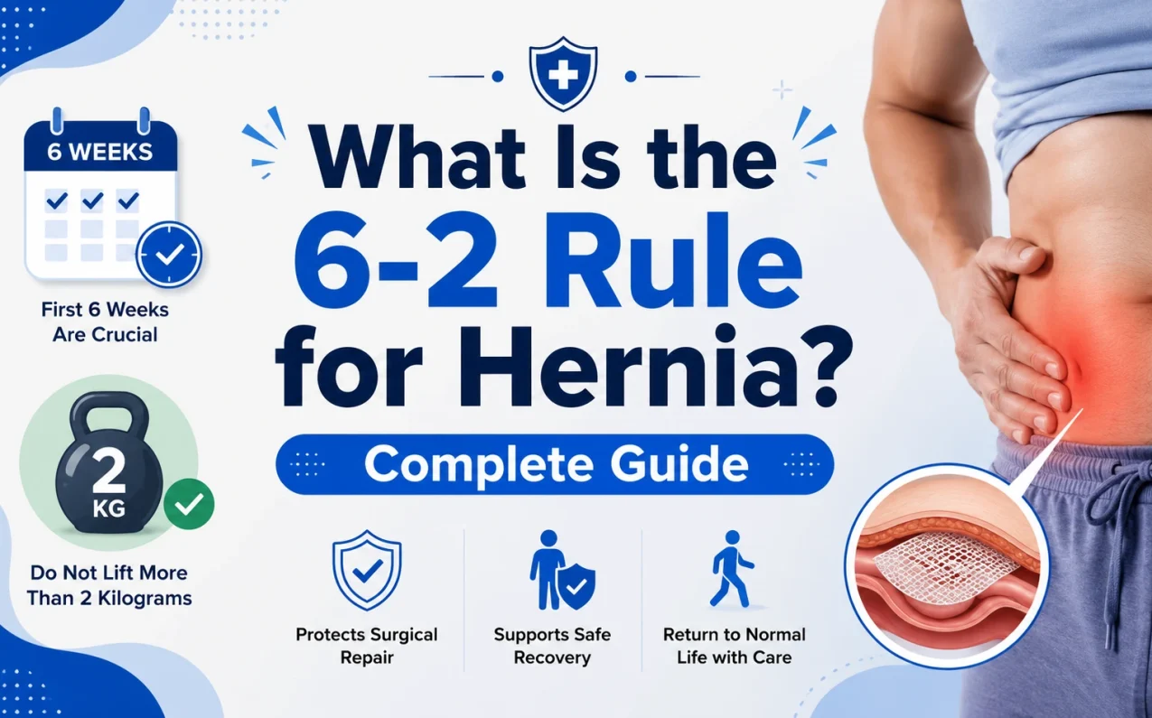 What Is the 6-2 Rule for Hernia? Complete Guide – infographic explaining the 6-week, 2-kilogram recovery rule after hernia surgery, including safe lifting precautions, walking, and post-surgery healing tips.