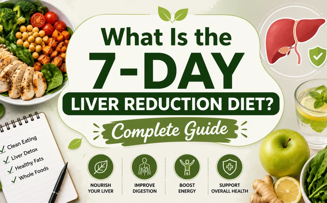 What Is the 7-Day Liver Reduction Diet? Complete Guide showing a liver-friendly meal plan with leafy vegetables, lean protein, whole grains, lemon water, and healthy foods that support better liver health.