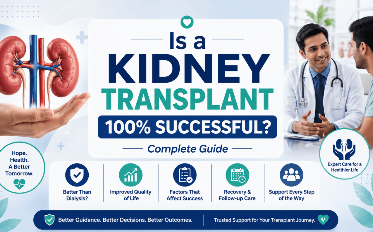 Is a Kidney Transplant 100% Successful? Complete Guide explaining kidney transplant success, recovery, factors affecting outcomes, and life after kidney transplantation.