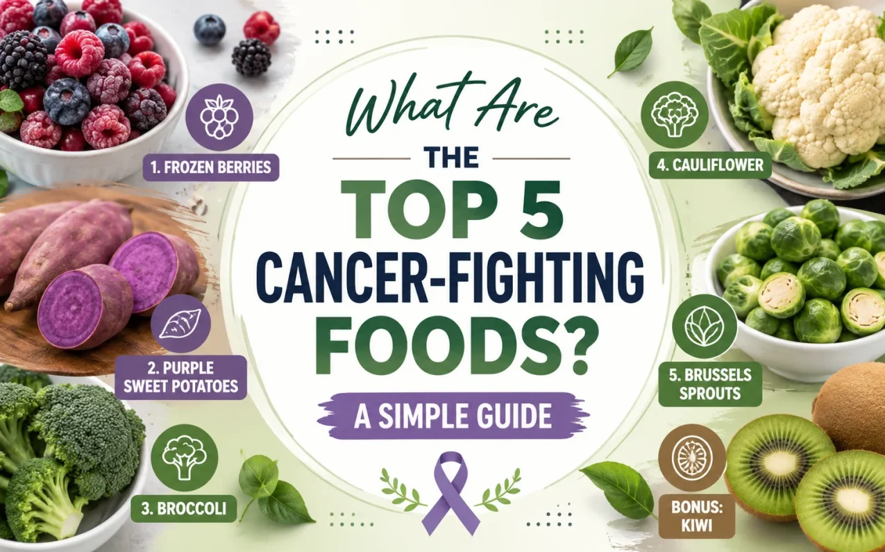 What Are the Top 5 Cancer-Fighting Foods? A Simple Guide featuring frozen berries, purple sweet potatoes, broccoli, cauliflower, and Brussels sprouts with kiwi as a bonus food that may support healthy cells and reduce oxidative stress.