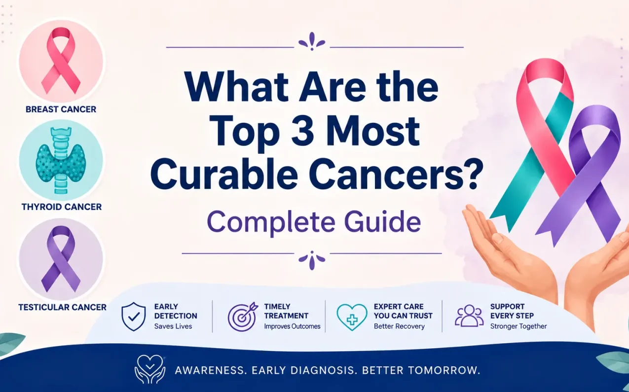 What Are the Top 3 Most Curable Cancers? Complete Guide infographic highlighting breast cancer, thyroid cancer, and testicular cancer, emphasizing early diagnosis, timely treatment, and improved recovery outcomes.
