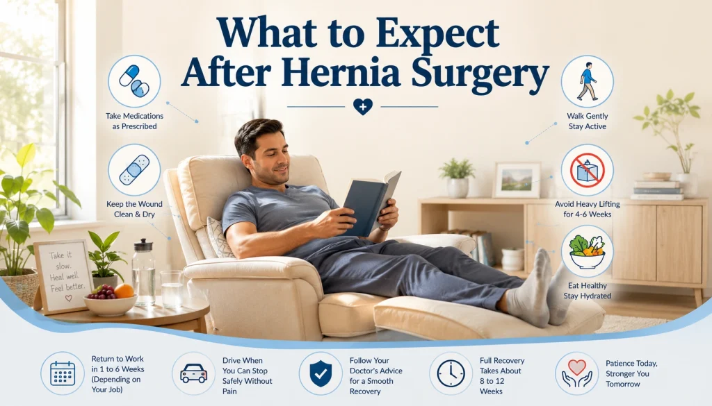 Patient recovering comfortably at home after hernia surgery with recovery tips and guidance on post-operative care.