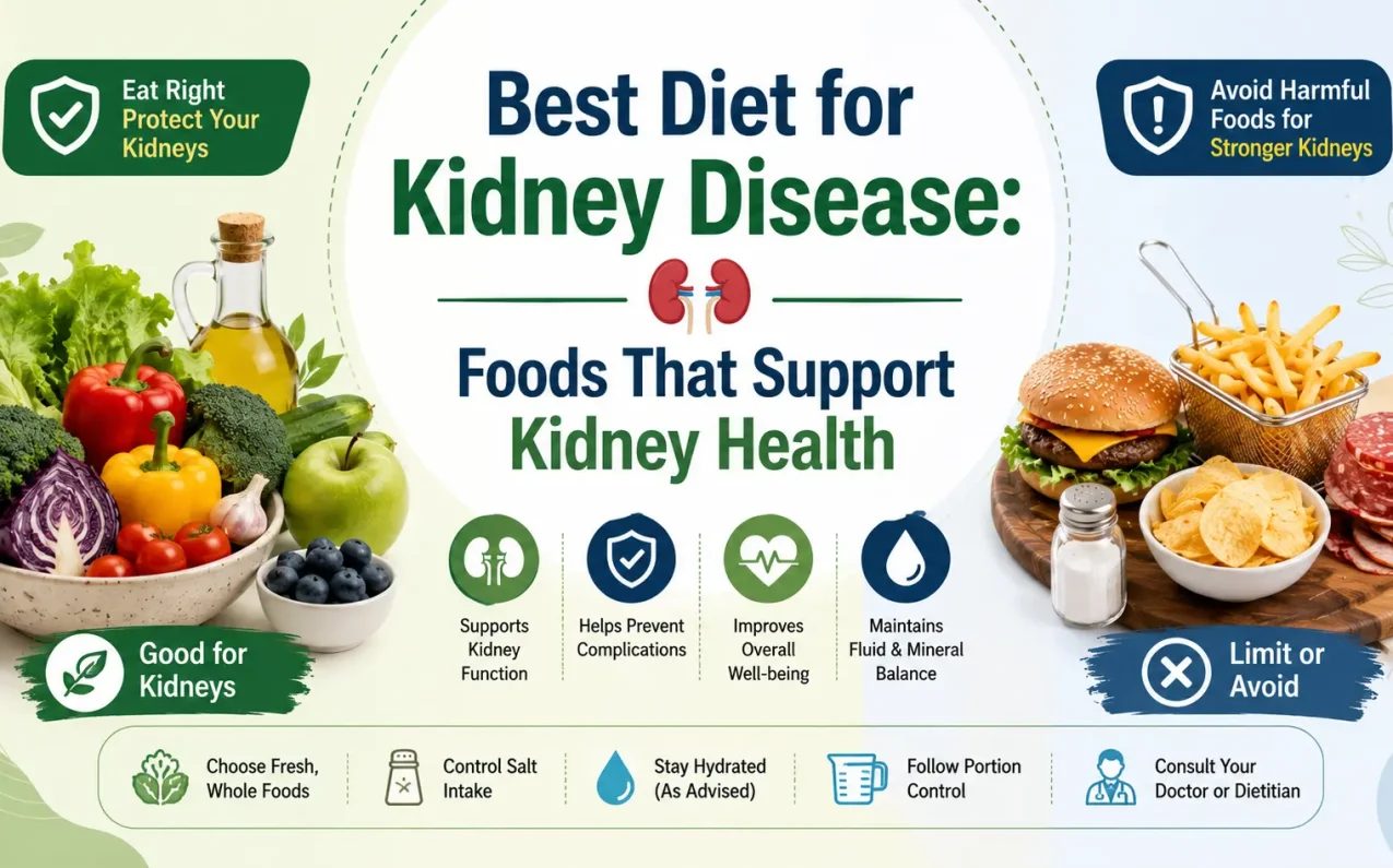 Best Diet for Kidney Disease: Foods That Support Kidney Health infographic showing kidney-friendly foods, foods to limit, healthy eating tips, balanced nutrition, and dietary choices that help support kidney function and overall kidney health.