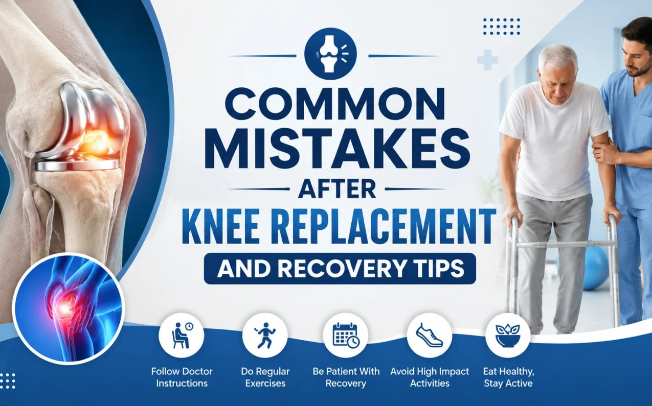 Common Mistakes After Knee Replacement and Recovery Tips – Patient recovering after knee replacement surgery with guidance on avoiding common recovery mistakes and improving healing.