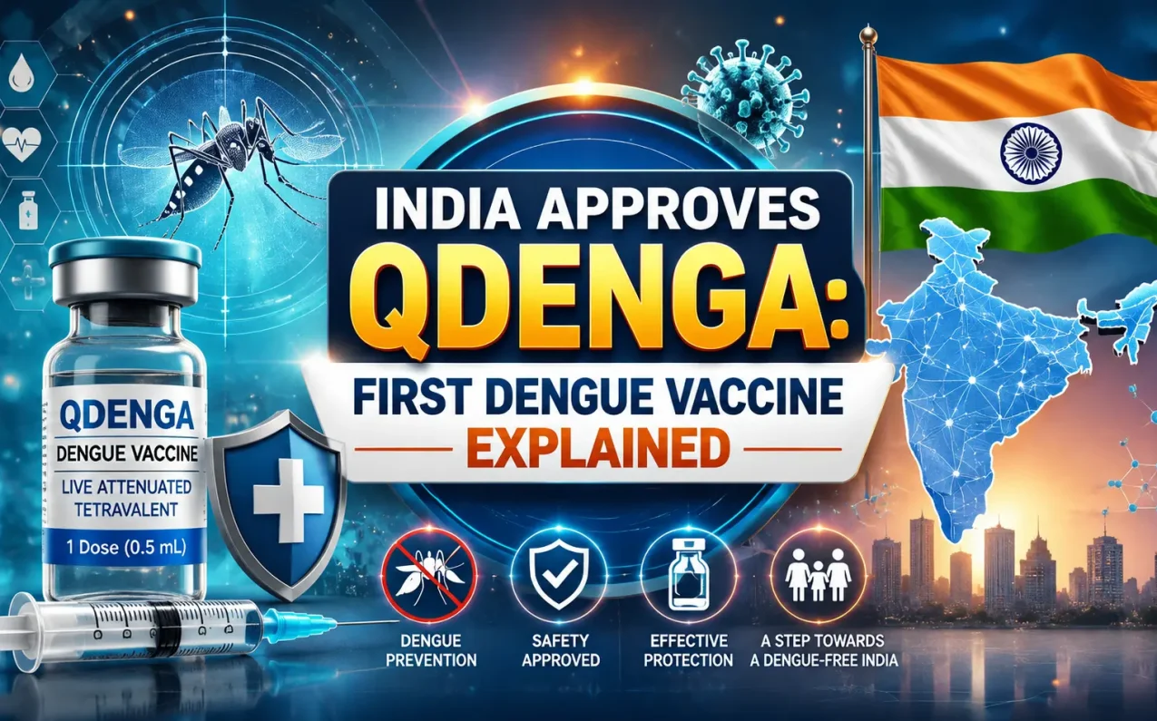 India Approves QDENGA: First Dengue Vaccine Explained – vaccine vial and syringe symbolizing India's first dengue vaccine approval.