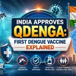 India Approves QDENGA: First Dengue Vaccine Explained – vaccine vial and syringe symbolizing India's first dengue vaccine approval.