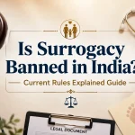 Is Surrogacy Banned in India? Current Rules Explained Guide featured image showing a legal document, judge's gavel, stethoscope, and baby footprints representing the legal regulations, medical eligibility, and surrogacy framework in India.