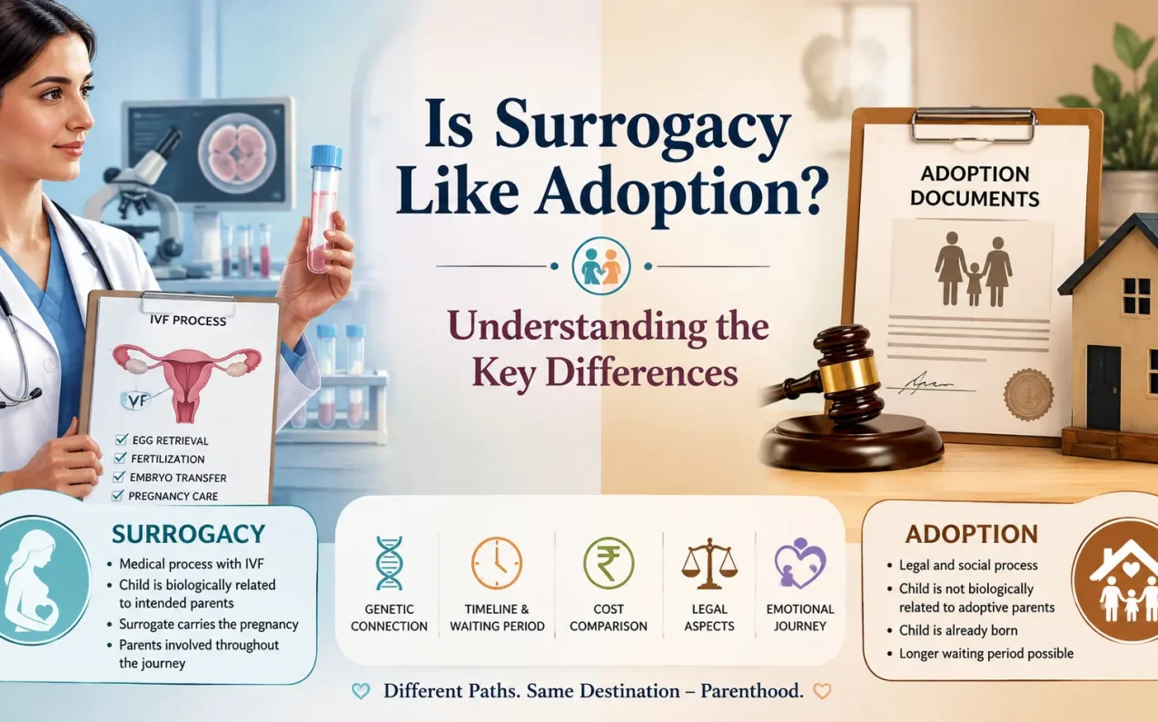 Is Surrogacy Like Adoption? Understanding the Key Differences infographic comparing surrogacy and adoption, highlighting differences in genetic connection, IVF process, legal aspects, costs, pregnancy journey, and parenthood options.
