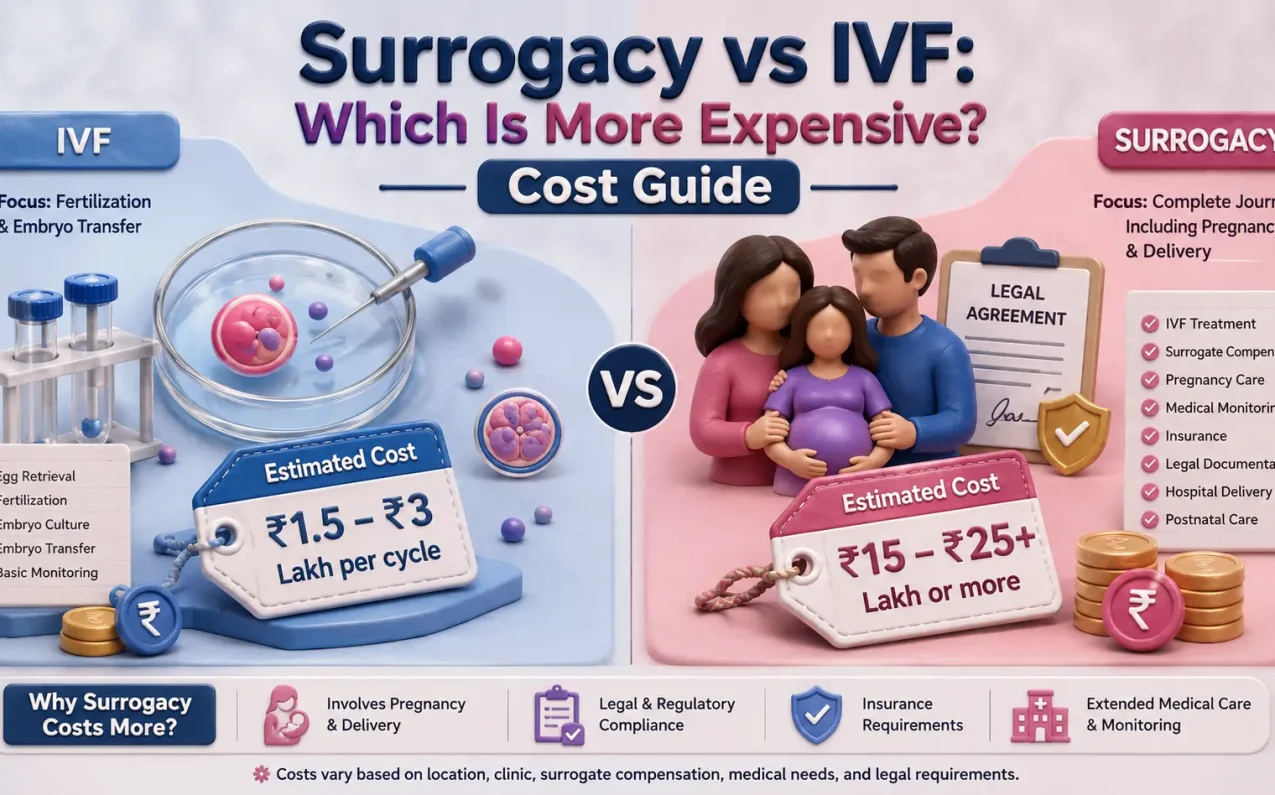 Surrogacy vs IVF: Which Is More Expensive? Cost Guide infographic comparing IVF and surrogacy costs in India, including treatment expenses, legal requirements, insurance, pregnancy care, and overall cost differences.