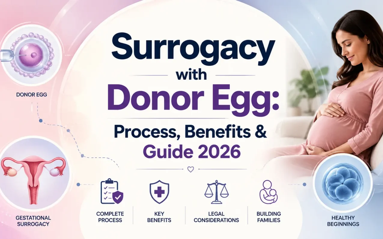 Surrogacy with Donor Egg: Process, Benefits & Guide 2026 – infographic explaining donor egg surrogacy process, medical benefits, legal considerations, and gestational surrogacy in India