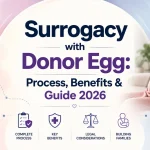 Surrogacy with Donor Egg: Process, Benefits & Guide 2026 – infographic explaining donor egg surrogacy process, medical benefits, legal considerations, and gestational surrogacy in India