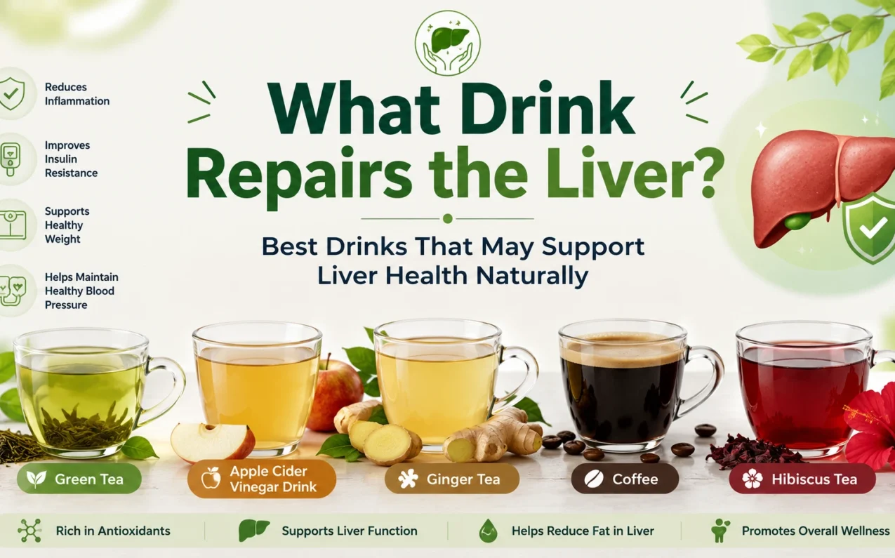 What Drink Repairs the Liver? Best Drinks That May Support Liver Health Naturally infographic showing green tea, apple cider vinegar, ginger tea, coffee, and hibiscus tea as drinks that may support liver health and fatty liver wellness.