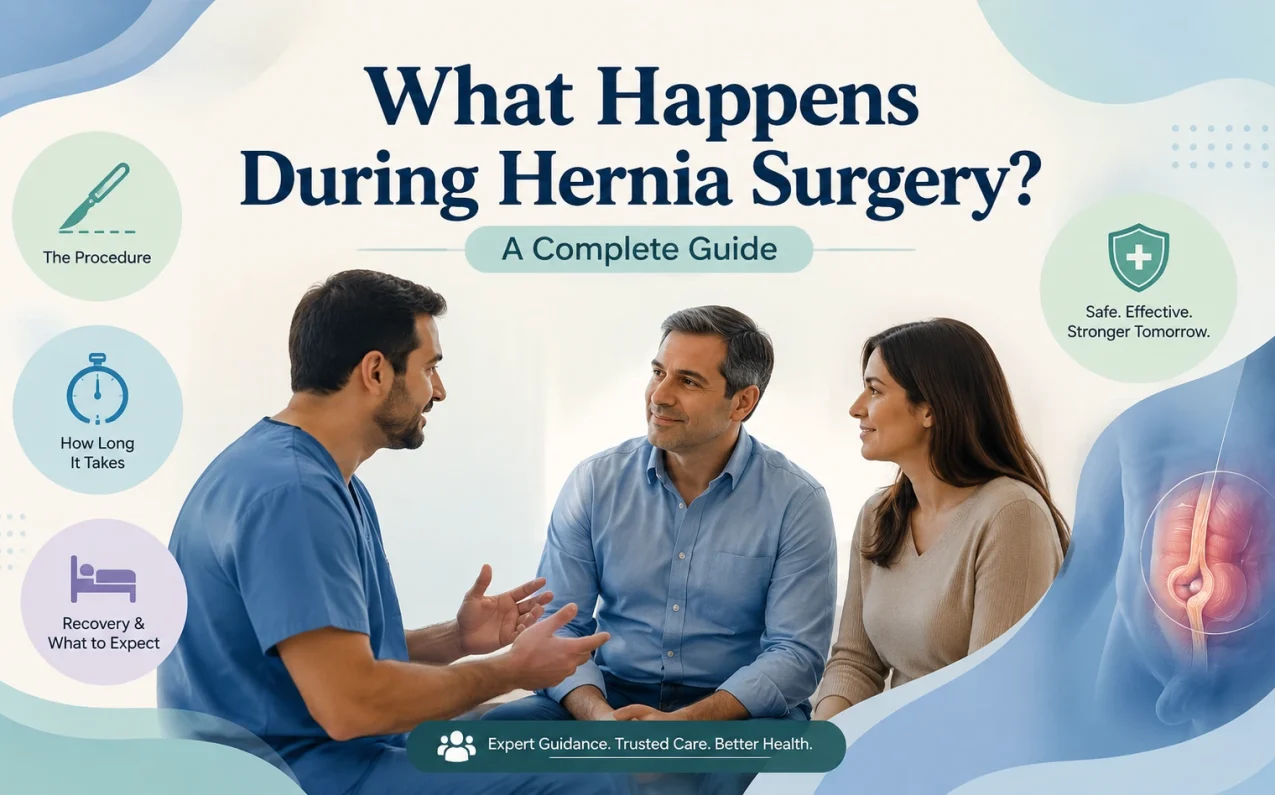 Illustration showing what happens during hernia surgery and the hernia repair procedure.