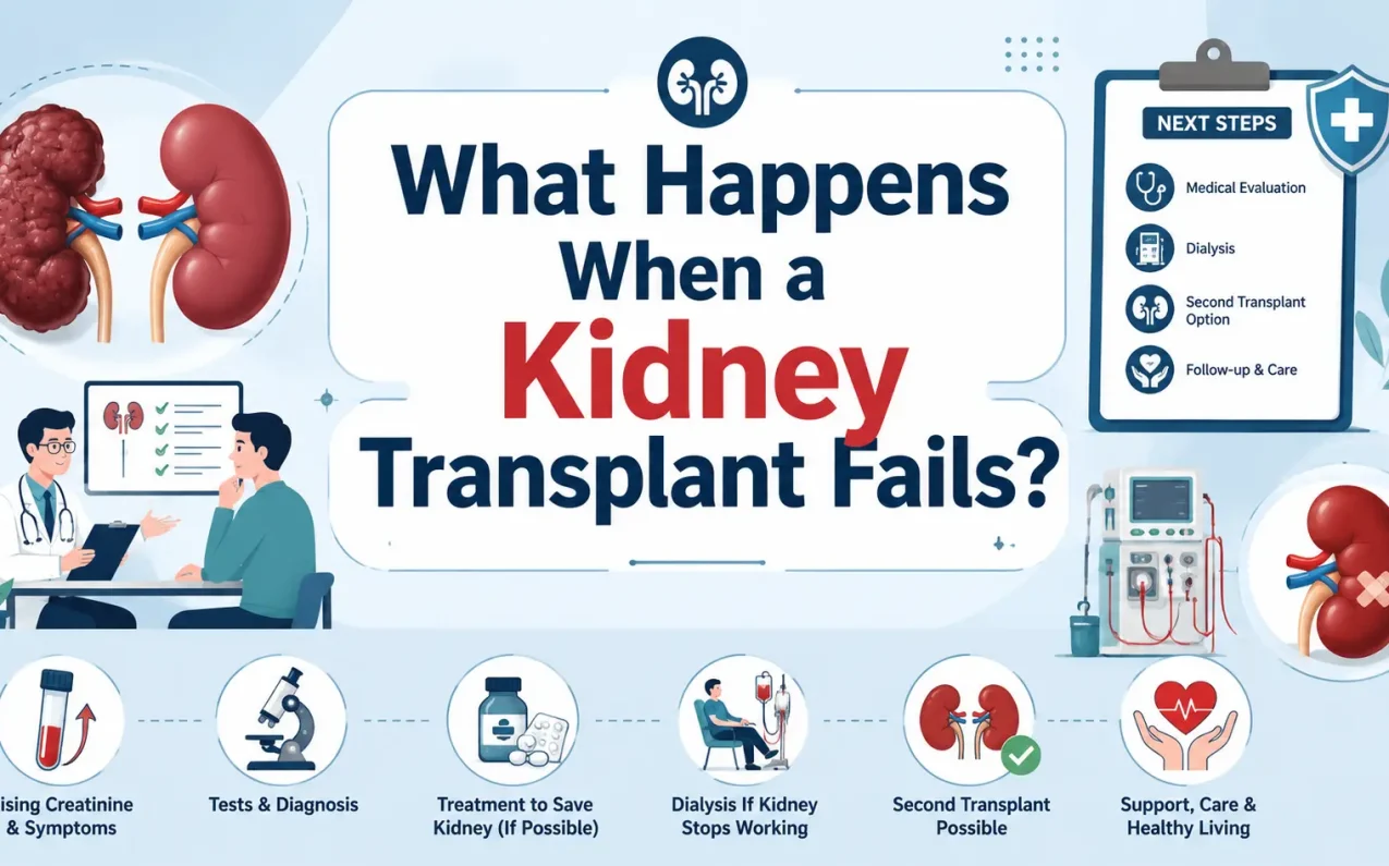 What Happens When a Kidney Transplant Fails? infographic explaining kidney transplant failure, causes, symptoms, diagnosis, dialysis, second transplant, and treatment options.