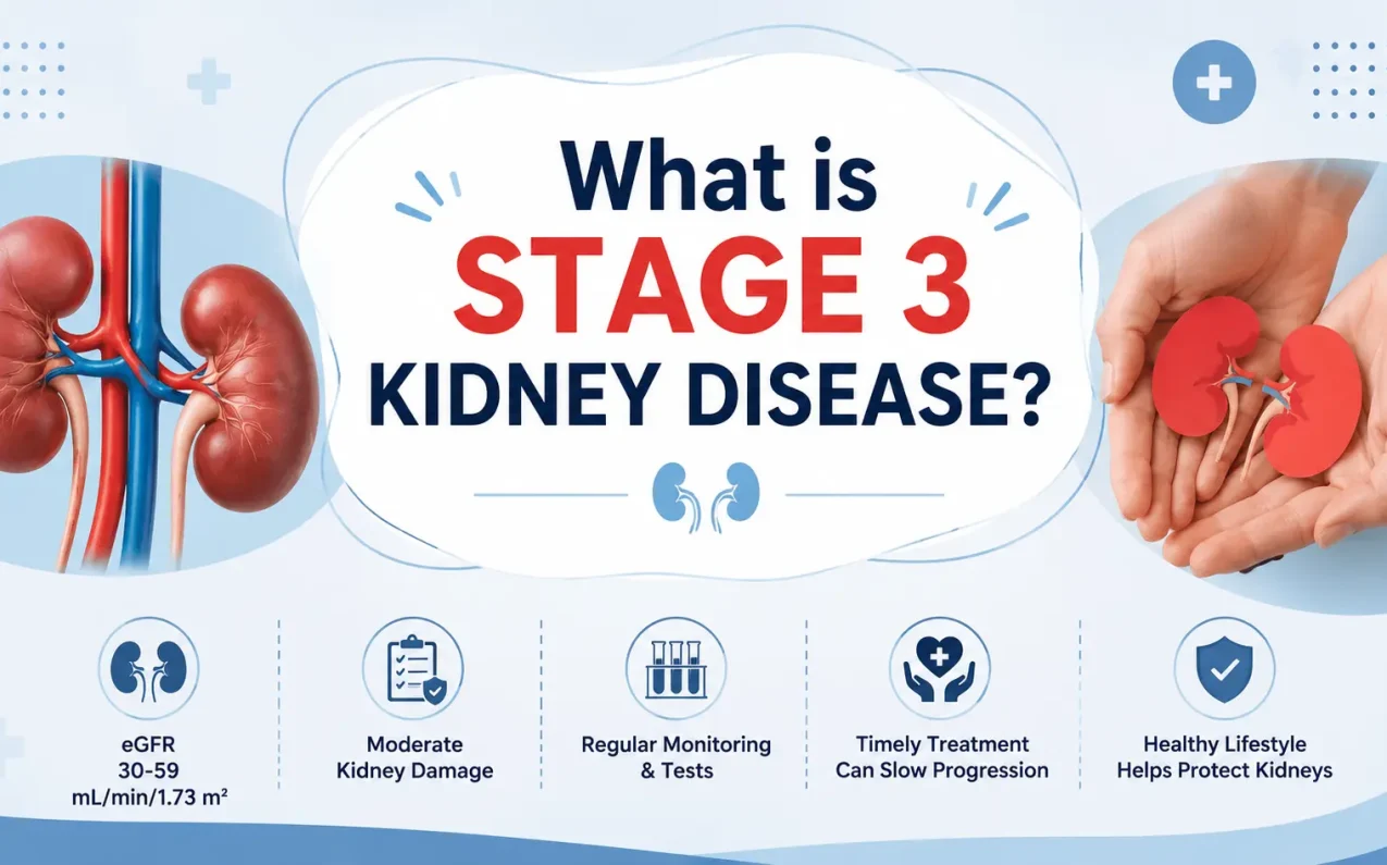 What is Stage 3 Kidney Disease? Medical illustration showing kidneys, Stage 3 CKD, reduced kidney function (eGFR 30–59), symptoms, and treatment overview.