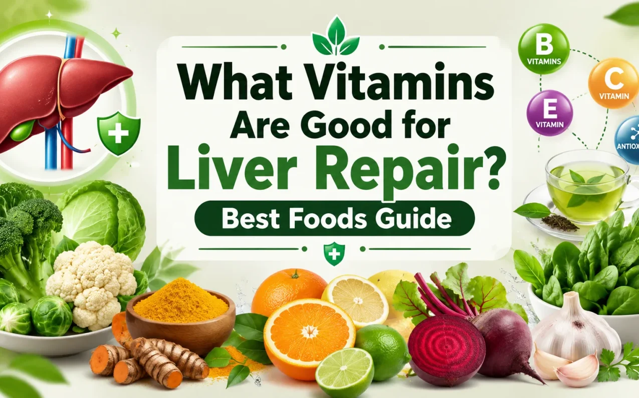 What Vitamins Are Good for Liver Repair? Best Foods Guide featuring liver healthy foods, vitamins, broccoli, citrus fruits, turmeric, beetroot, garlic, and green tea for liver support