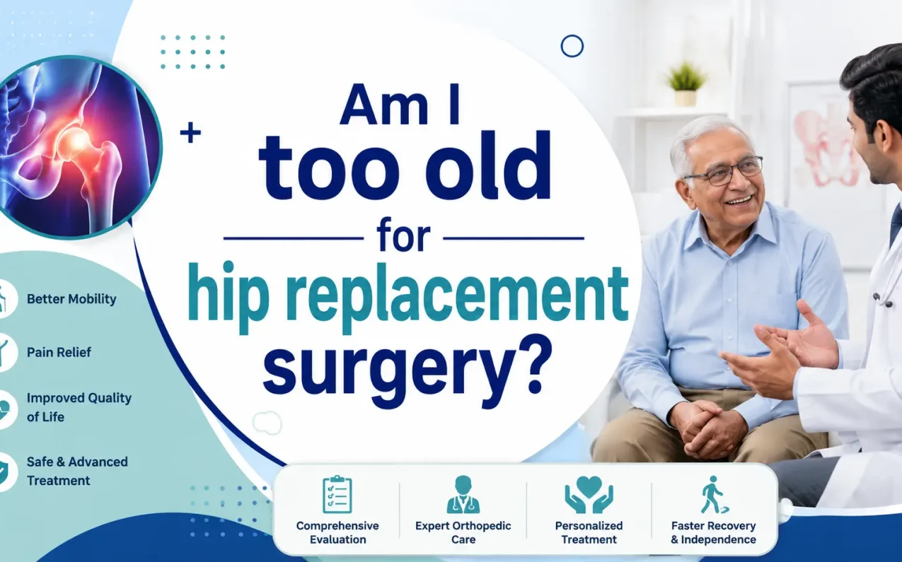 Am I too old for hip replacement surgery? Orthopedic specialist explaining hip replacement treatment options to an elderly patient during a consultation.