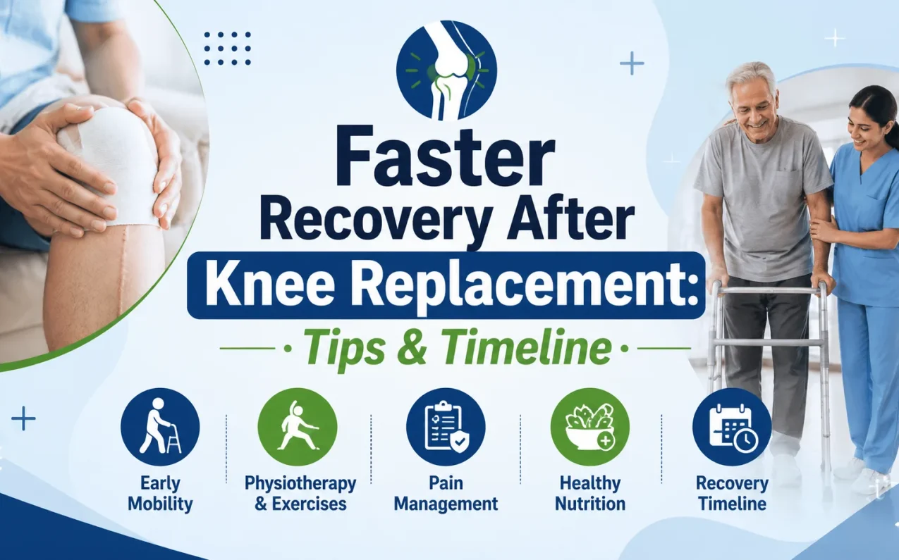 Faster Recovery After Knee Replacement: Tips & Timeline – illustration showing knee replacement recovery with physiotherapy, early mobility, pain management, healthy nutrition, and recovery timeline after surgery.