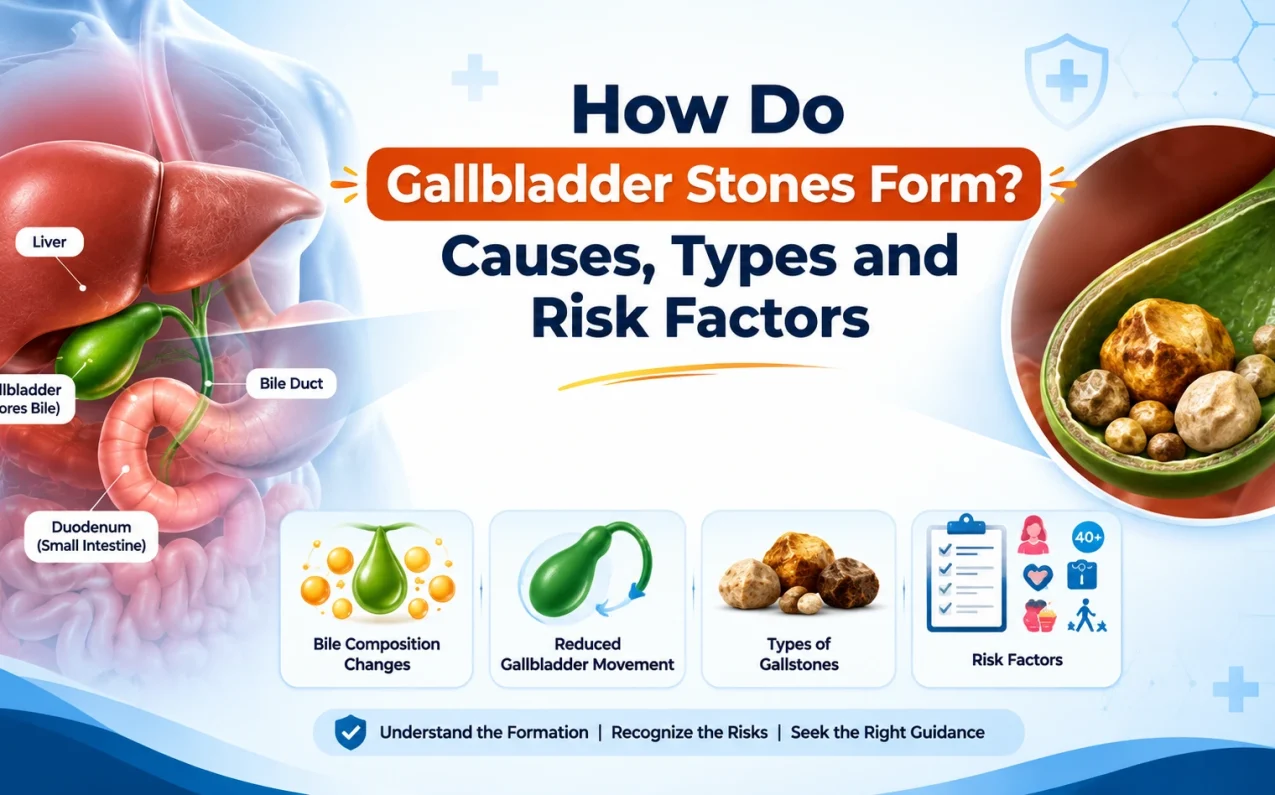 What Is the Age Limit for Surrogacy? India Rules 2026 Guide! – medical infographic showing how gallbladder stones form, including bile composition, reduced gallbladder movement, stone types, and risk factors