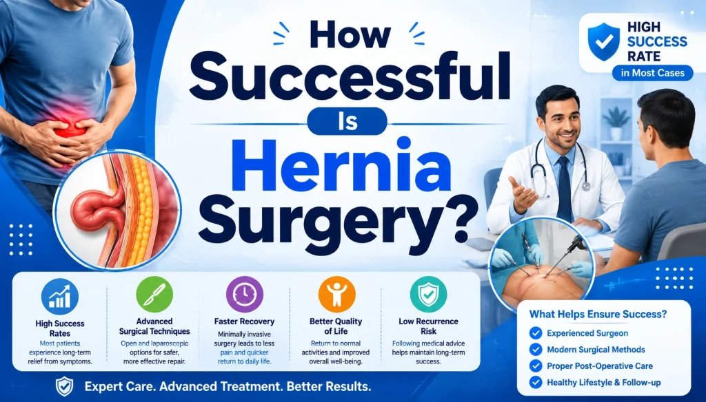 How Successful Is Hernia Surgery? Medical infographic explaining hernia surgery success rates, open and laparoscopic hernia repair, recovery time, recurrence risk, and factors that improve long-term outcomes.