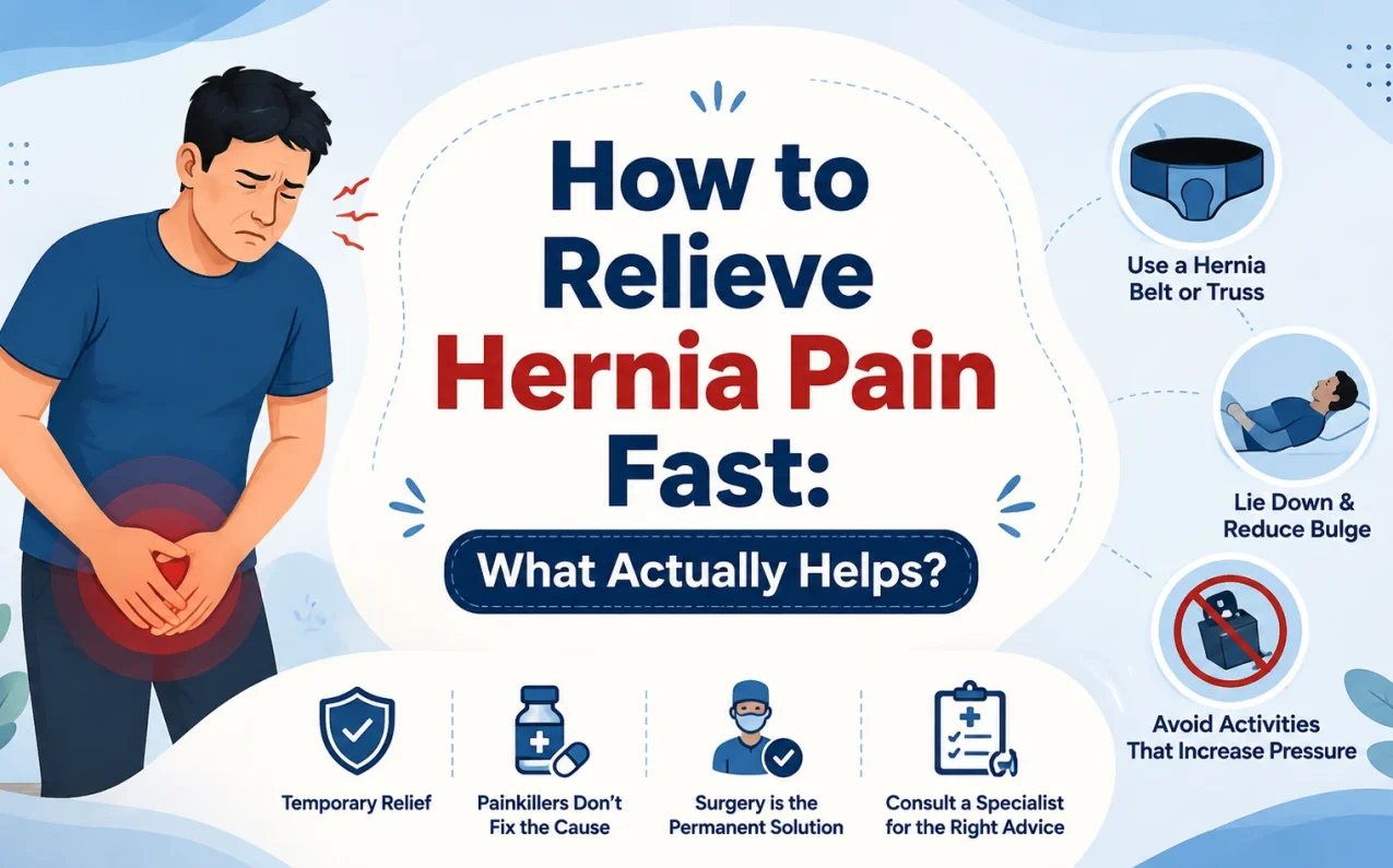 How to Relieve Hernia Pain Fast: medical illustration showing an inguinal hernia, hernia belt support, activity modification, and specialist consultation for temporary pain relief.