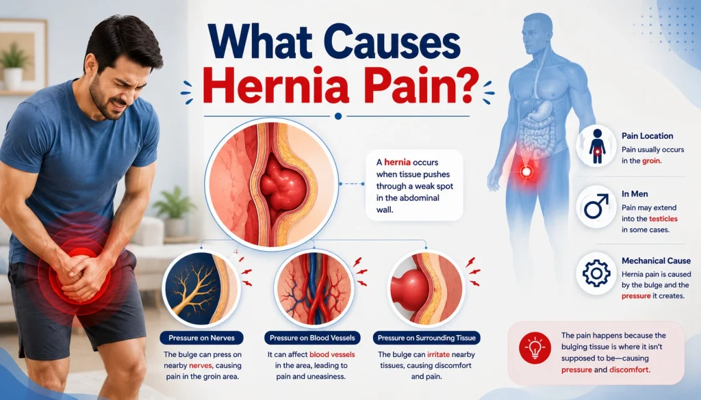 What Causes Hernia Pain? Medical infographic showing how an inguinal hernia creates pressure on nearby nerves, blood vessels, and surrounding tissues, leading to groin pain and discomfort.