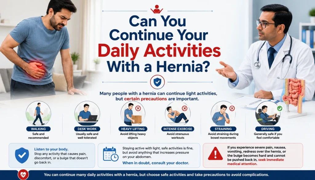 Can You Continue Your Daily Activities With a Hernia? Medical infographic showing safe daily activities, activities to avoid, doctor consultation, and hernia management tips for living safely with a hernia.