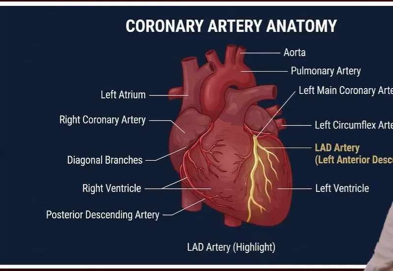 Diagram of coronary artery anatomy highlighting the LAD artery, known as the widow maker