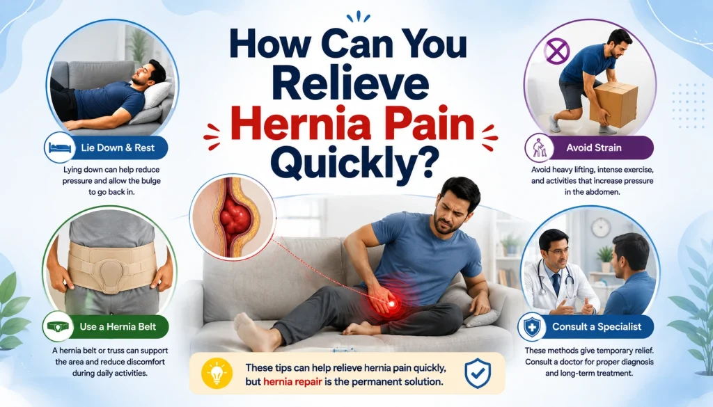 How Can You Relieve Hernia Pain Quickly? Medical infographic showing temporary hernia pain relief methods including lying down, using a hernia belt, avoiding heavy lifting, and consulting a specialist.