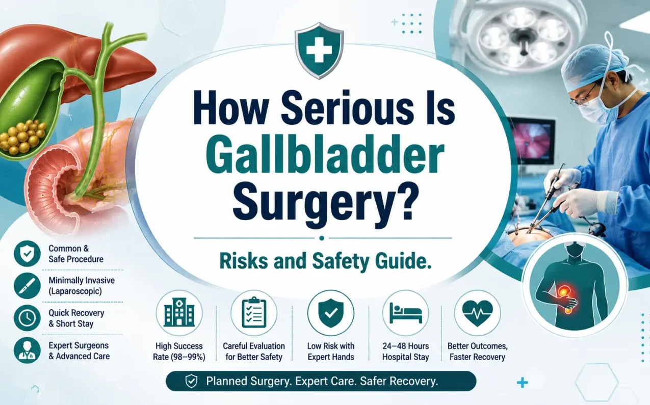 Medical illustration showing laparoscopic gallbladder surgery, surgeon consultation, patient recovery, surgical safety, potential risks, and modern minimally invasive treatment.