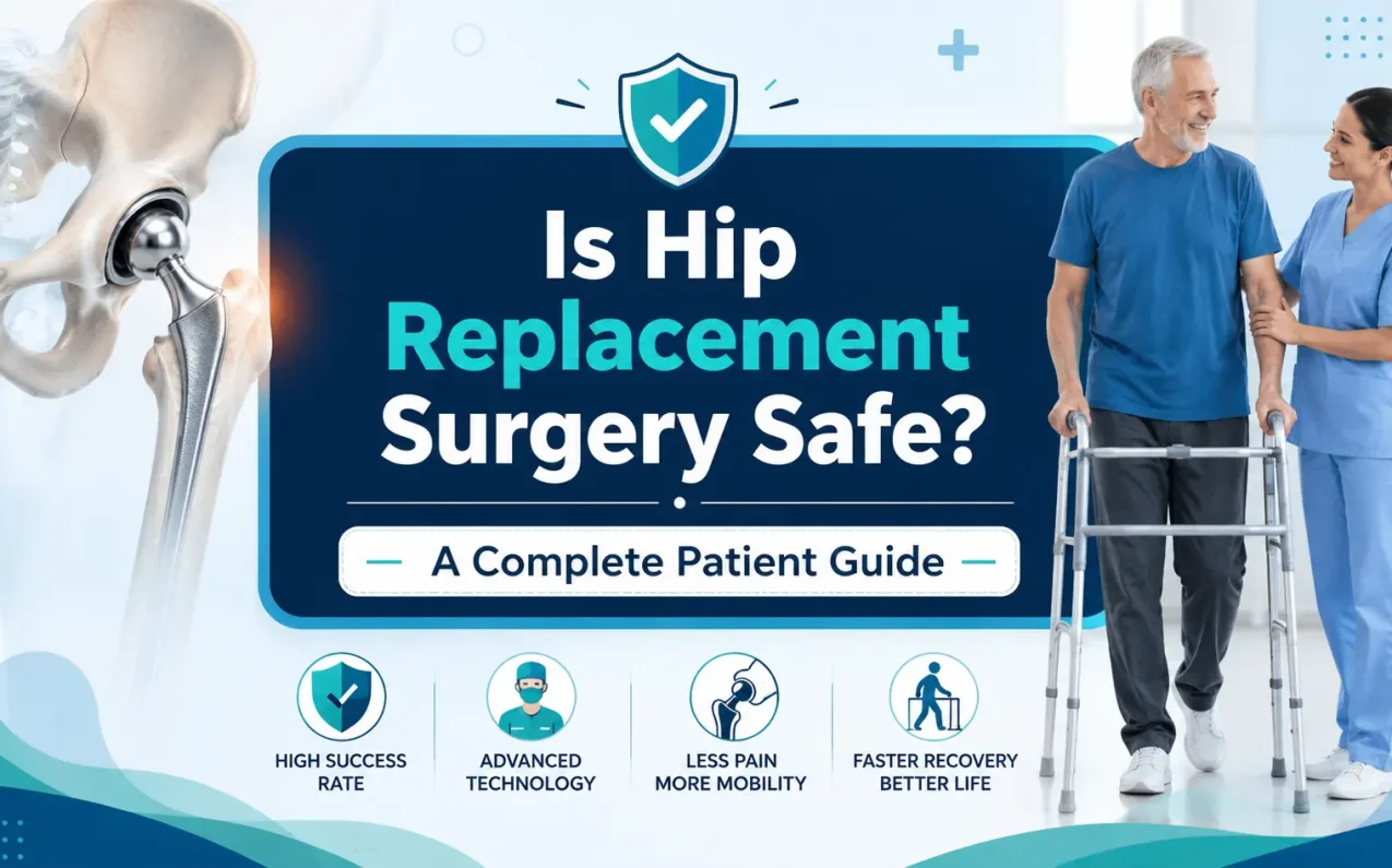 Is Hip Replacement Surgery Safe? A Complete Patient Guide featuring a patient recovering after hip replacement surgery, a hip implant illustration, and medical visuals explaining the safety, recovery, and benefits of modern hip replacement surgery.