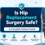 Is Hip Replacement Surgery Safe? A Complete Patient Guide featuring a patient recovering after hip replacement surgery, a hip implant illustration, and medical visuals explaining the safety, recovery, and benefits of modern hip replacement surgery.