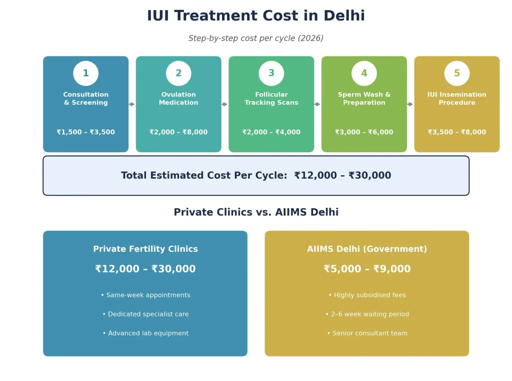 Step-by-step IUI cost breakdown in Delhi comparing private fertility clinics and AIIMS Delhi pricing