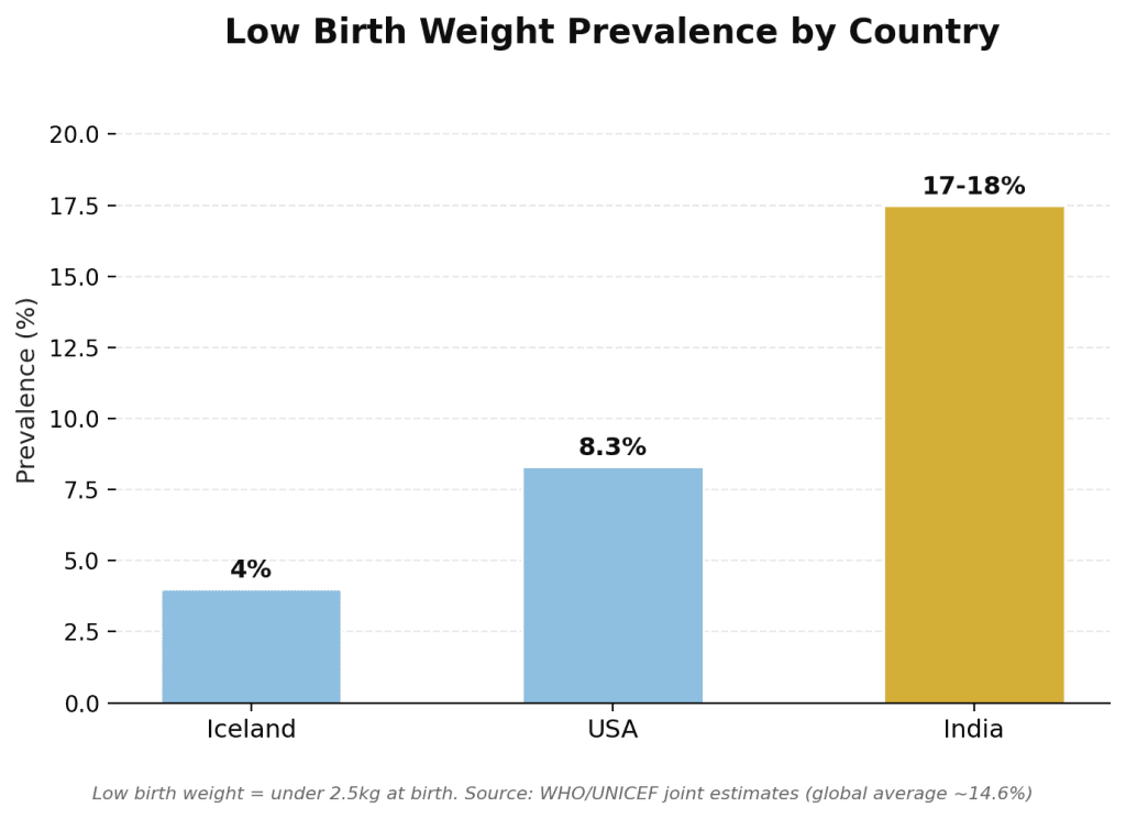 Bar chart showing low birth weight prevalence: Iceland 4%, USA 8.3%, India 17-18%