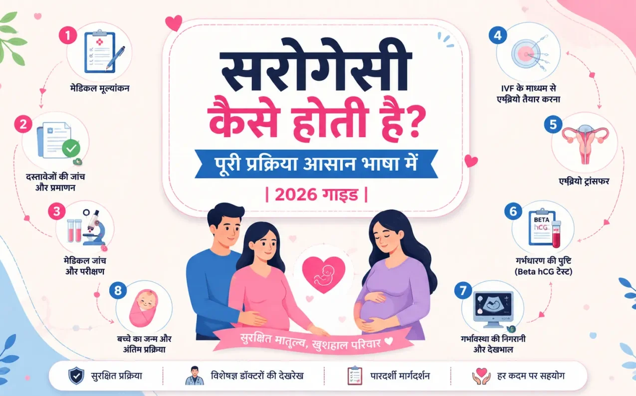 सरोगेसी कैसे होती है? पूरी प्रक्रिया आसान भाषा में | 2026 गाइड - मेडिकल मूल्यांकन, दस्तावेज़ सत्यापन, IVF, एम्ब्रियो ट्रांसफर, गर्भावस्था की निगरानी और बच्चे के जन्म तक की पूरी सरोगेसी प्रक्रिया दर्शाता इन्फोग्राफिक।